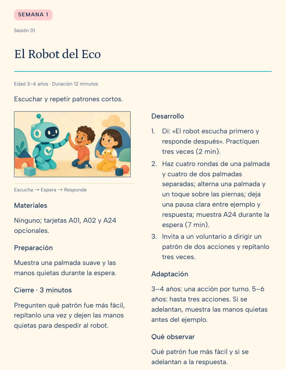 Sesión 1 El Robot del Eco: materiales, preparación, desarrollo por pasos, cierre, adaptación por edad y qué observar