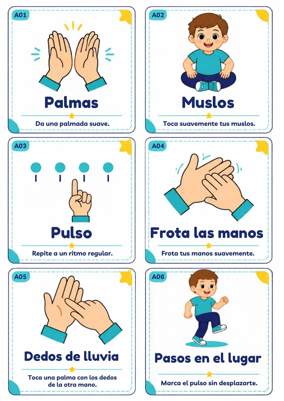 Ejemplos de tarjetas visuales: palmas, muslos, pulso
